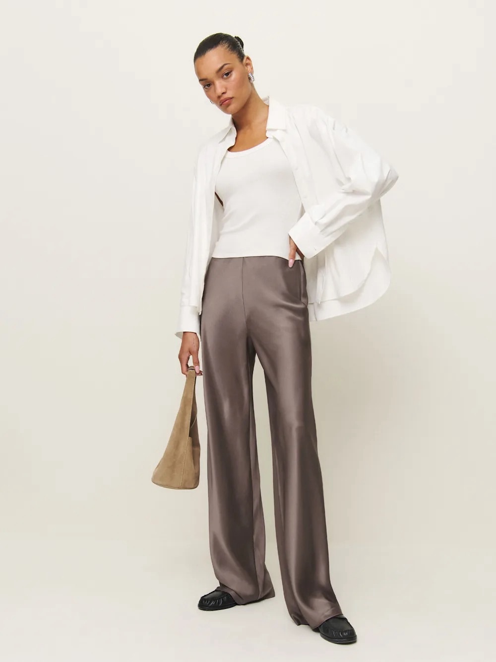 Reformation Gale Satin Mid Rise Bias Pant in Magnetic